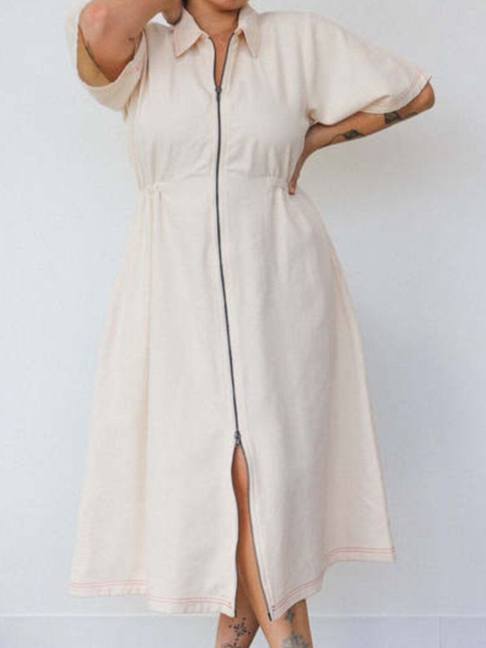 Noble Long Utility Dress, Oat milk with paprika stitch, XS, NWT